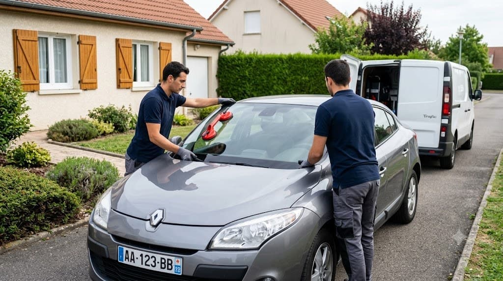 Deux techniciens posent un pare-brise neuf dans l'allée d'une maison